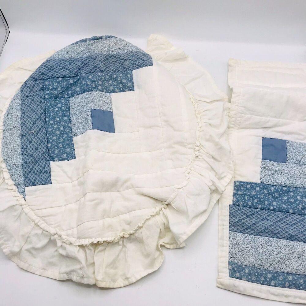 Handmade Quilted Oval Toilet Lid Cover with Tank Topper Grannycore Cottage Blue